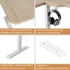 Collage of product details for an adjustable standing desk, including close-ups of the tabletop, headphone hook, leg, and cable management basket. Voir les images du produit