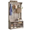 A rustic-style hall tree with shoe storage, featuring a coat rack, hat shelf, and multiple cubbies for shoes. Náhled obrázku produktu
