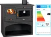 A black wood-burning stove with an oven and an energy efficiency label.