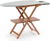 A wooden ironing board with a patterned cover and a metal rack on a white background. Produktbild-Vorschau