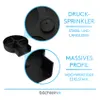 Close-up views of a black kitchen sink rinser with text highlighting its features. Produktbild-Vorschau