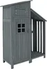 A gray wooden garden shed with a small window and an attached open storage area. Produktbild-Vorschau