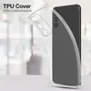 A clear TPU phone case is shown next to a dark smartphone. Produktbild-Vorschau