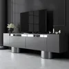 A modern TV stand with a television on top, set in a dimly lit room. Voir les images du produit