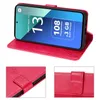 A collage of images showing a red flip case for a Xiaomi Redmi Note 13 4G phone, with close-ups of the case's details and the phone's screen displaying product specifications. Produktbild-Vorschau