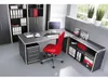An office desk setup with a computer, chair, and shelving unit. Produktbild-Vorschau