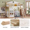 A children's loft bed with a house-like design, shown in a room setting with accompanying material close-ups. Produktbild-Vorschau