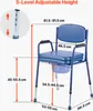 A diagram showing the dimensions of a blue commode chair with a bucket underneath. Produktbild-Vorschau