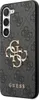 A close-up, angled view of a gray smartphone case with a repeating Guess logo pattern and a prominent gold Guess logo. Produktbild-Vorschau