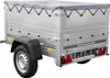 A silver trailer with a gray tarp cover is shown from a three-quarter rear view against a white background. Produktbild-Vorschau