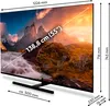 A television screen displaying a landscape image, with dimensions and specifications overlaid. Produktbild-Vorschau