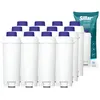 A group of white water filters with blue caps, arranged in rows, with a single packaging bag to the right. Produktbild-Vorschau