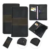 A collage of images showing a black and brown wallet-style phone case from different angles, including close-ups of its interior and exterior features. Produktbild-Vorschau