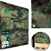 Collage of product images showing a camouflage tarp, a close-up of its grommets, and the tarp covering items on a pallet. Produktbild-Vorschau