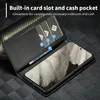 A black leather wallet case for a phone, open to show card slots and a phone screen. Produktbild-Vorschau