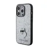 A silver glitter phone case with a Karl Lagerfeld Choupette logo on a white background. Produktbild-Vorschau