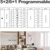A table showing programmable thermostat settings and a living room scene. Produktbild-Vorschau