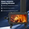 A close-up marketing image of a portable wood stove with a glass-ceramic viewing window showing a fire inside. Text overlays describe the features of the viewing window. Náhled obrázku produktu