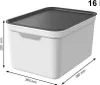 A white storage box with a dark lid is shown with dimensions indicated by lines and text. Produktbild-Vorschau