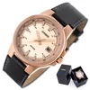 A close-up studio shot of a Casio watch with a rose gold case and black leather strap, presented with its packaging. Podgląd zdjęcia produktu