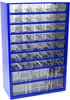 A blue metal storage cabinet with multiple clear plastic drawers. Produktbild-Vorschau