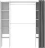 A white and gray open wardrobe structure with shelves and a hanging rod, partially covered by a gray curtain on the right side. Produktbild-Vorschau
