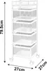A line drawing of a black rolling storage cart with four mesh baskets and wheels, with dimensions indicated. Produktbild-Vorschau