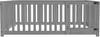 A close-up, straight-on view of a gray wooden crib or bed frame with vertical slats and a gate. Podgląd zdjęcia produktu