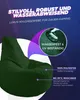 A dark green beanbag chair is shown with marketing text and graphics highlighting its features. Produktbild-Vorschau