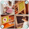 A collage of four images showing a wooden easel for children with various educational features, including a whiteboard, alphabet display, abacus, and clock, with a child interacting with it. Produktbild-Vorschau