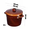 A brown ceramic pot with a lid, shown from the front with dimensions indicated by text overlays. Voir les images du produit