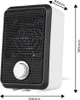 A white and black compact electric heater with dimensions indicated by arrows and text. Produktbild-Vorschau