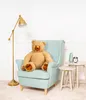 A large teddy bear sits in a light blue armchair next to a gold floor lamp and two small side tables. Voir les images du produit