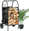 A black metal firewood rack filled with logs, next to a potted plant. Podgląd zdjęcia produktu