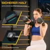 A woman is performing an exercise with dumbbells, with feature callouts on the left. Produktbild-Vorschau