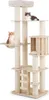 A multi-level cat tree with various platforms, a enclosed space, a hanging basket, and a ladder, with two cats on it. Anteprima dell’immagine prodotto