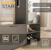 A close-up view of a modern graphite-colored wardrobe with various features highlighted by text overlays and icons. Voir les images du produit