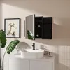A modern bathroom vanity with a sink, faucet, and a medicine cabinet with an open door. Produktbild-Vorschau