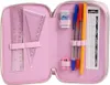 An open pink pencil case with various school supplies inside. Voir les images du produit