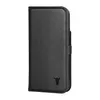 A black leather phone case with a bull logo is shown against a white background. Produktbild-Vorschau