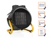 A black industrial heater with a yellow stand, shown with feature callouts. Produktbild-Vorschau