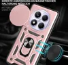 A close-up of a rose gold phone case with a camera cover, ring holder, and magnetic attachment feature, shown near a car vent with a magnetic mount. Produktbild-Vorschau