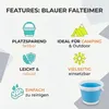 Marketing image showcasing the features of a blue foldable bucket. Voir les images du produit