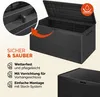 A black storage box with its lid open, showing interior details and features highlighted with text and icons. Produktbild-Vorschau