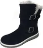 A black suede boot with fur trim and buckles is shown against a white background. Produktbild-Vorschau