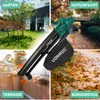 A collage of four images showing a leaf blower in different outdoor settings: a garden, a driveway, a terrace, and a paved path covered in leaves. Produktbild-Vorschau