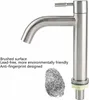 A close-up of a brushed stainless steel faucet with text describing its features and a fingerprint graphic. Produktbild-Vorschau