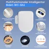 A collage of images showcasing the features of a smart bidet toilet seat against a blue background. Podgląd zdjęcia produktu