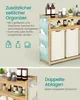 A split image showing a bamboo shelving unit with laundry baskets and organizers, and a close-up of the shelves with various bottles and containers. Produktbild-Vorschau