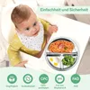A baby sitting in a high chair is shown with a plate of food. Produktbild-Vorschau